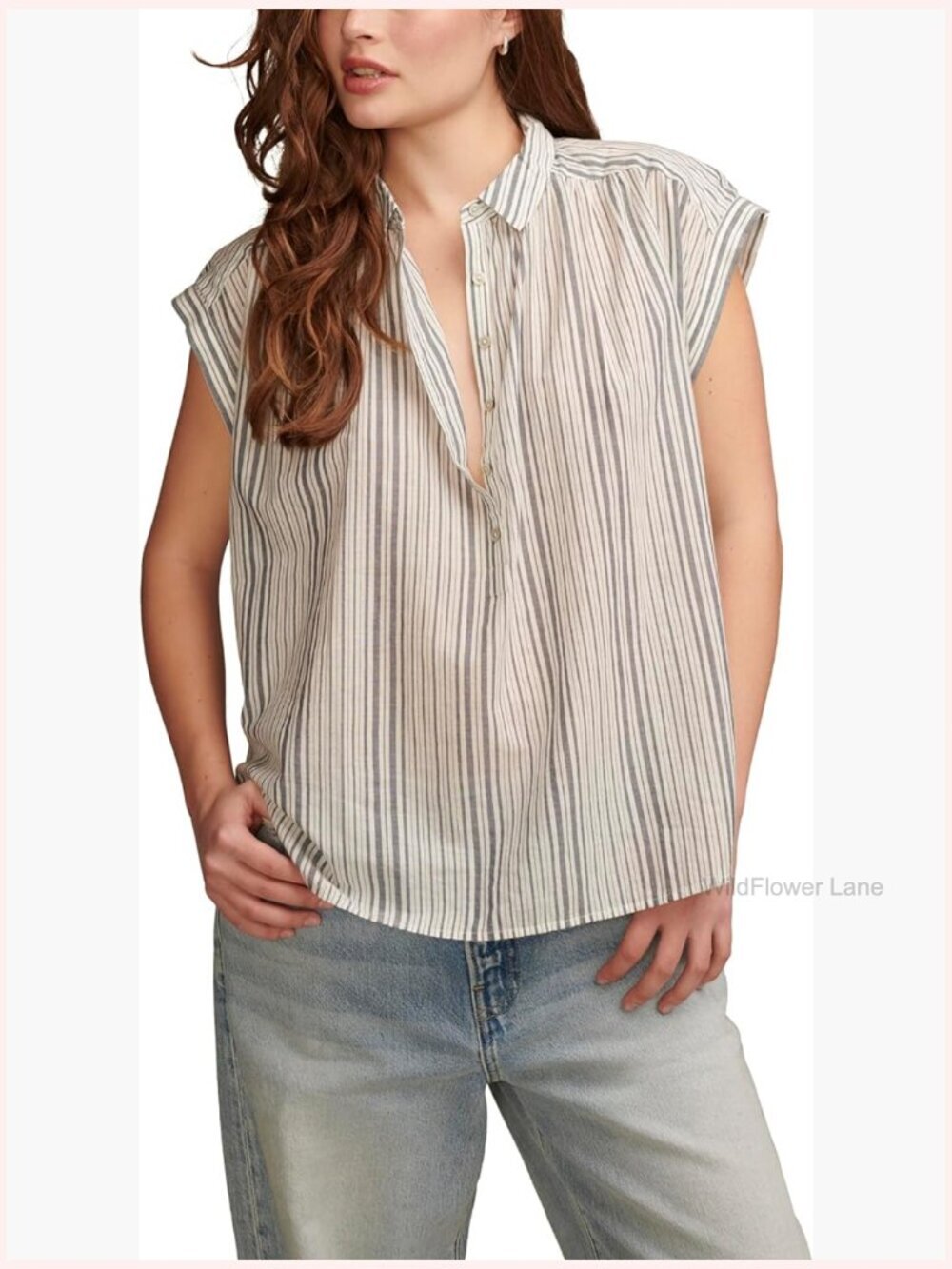 Short Sleeve Popover Top Striped Cotton Polo Tunic